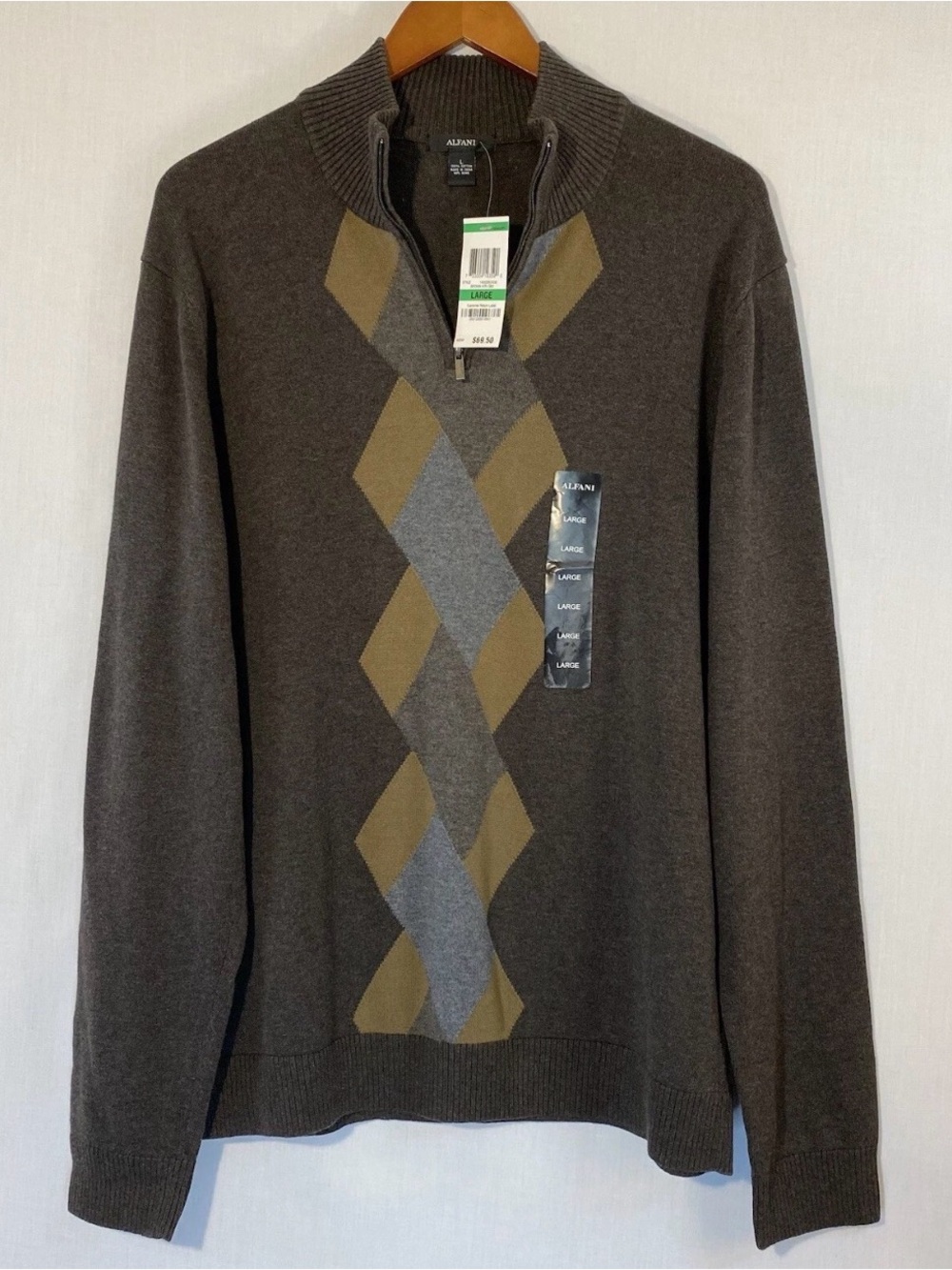 Alfani Sweater Pullover Mens Size L 1/4 Zip Cotton Long Sleeve Brown Tan Gray